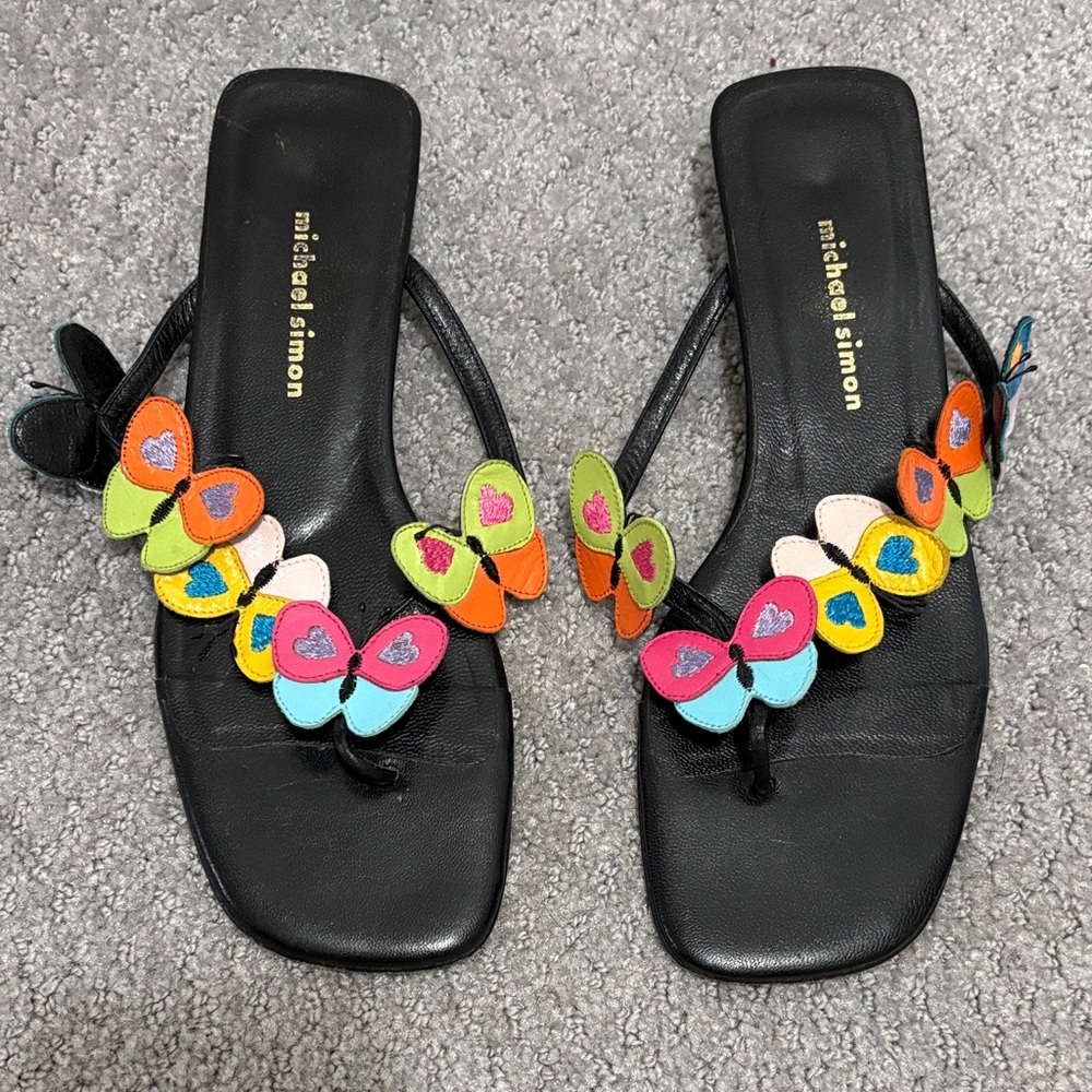 Michael Simon Black Leather Sandals with Multicolor Butterfly Detail 9.5
